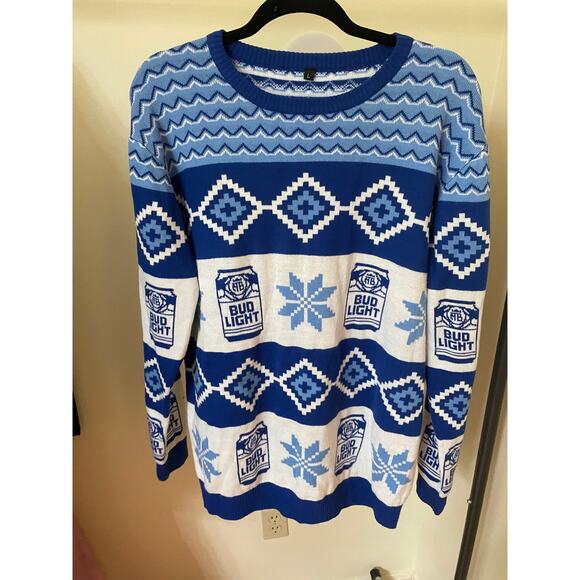 Bud Light Large Christmas Sweater Beer Cans Snowflake Blue White Scoop Neck - Picture 1 of 7